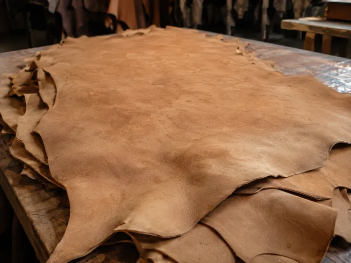 Piel de crust color camel extendida sobre una mesa de madera, con la superficie mate esmerilada y pieles colgadas al fondo
