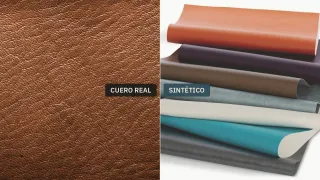 Pantalla partida: a la izquierda macro de cuero vacuno real con poro irregular, a la derecha láminas de sintético de poliuretano apiladas con el reverso textil visible
