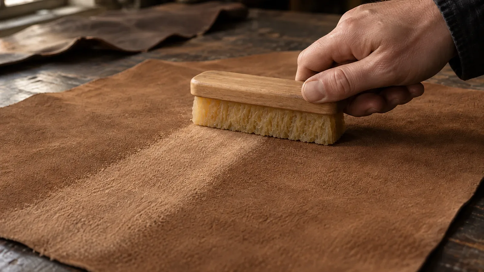 Cepillo de crepé pasando sobre una piel de nobuk marrón en una mesa de taller, la forma de limpiar nobuk y gamuza en seco