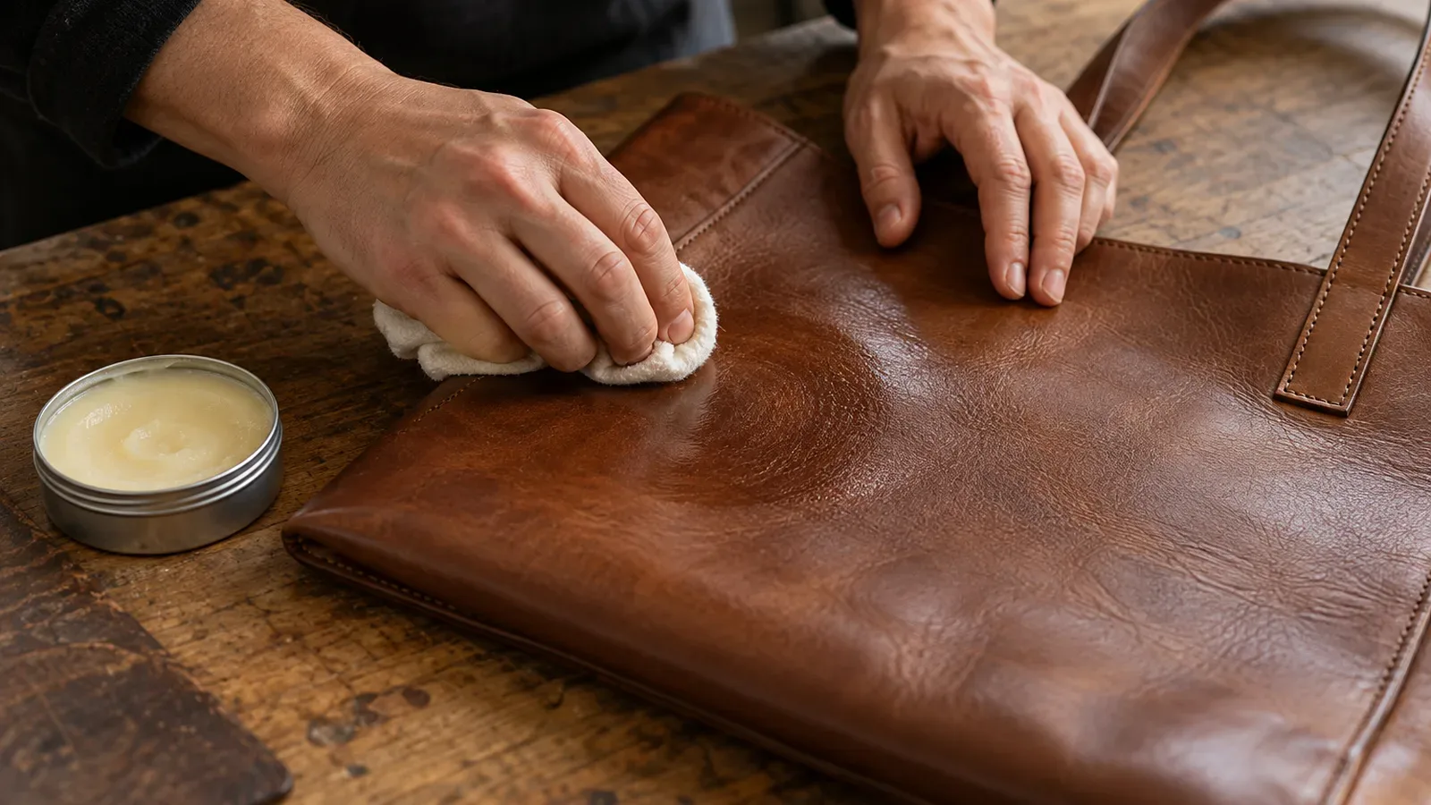 Manos aplicando crema acondicionadora con un paño de algodón sobre un bolso de cuero liso marrón, para hidratar el cuero y que no se agriete