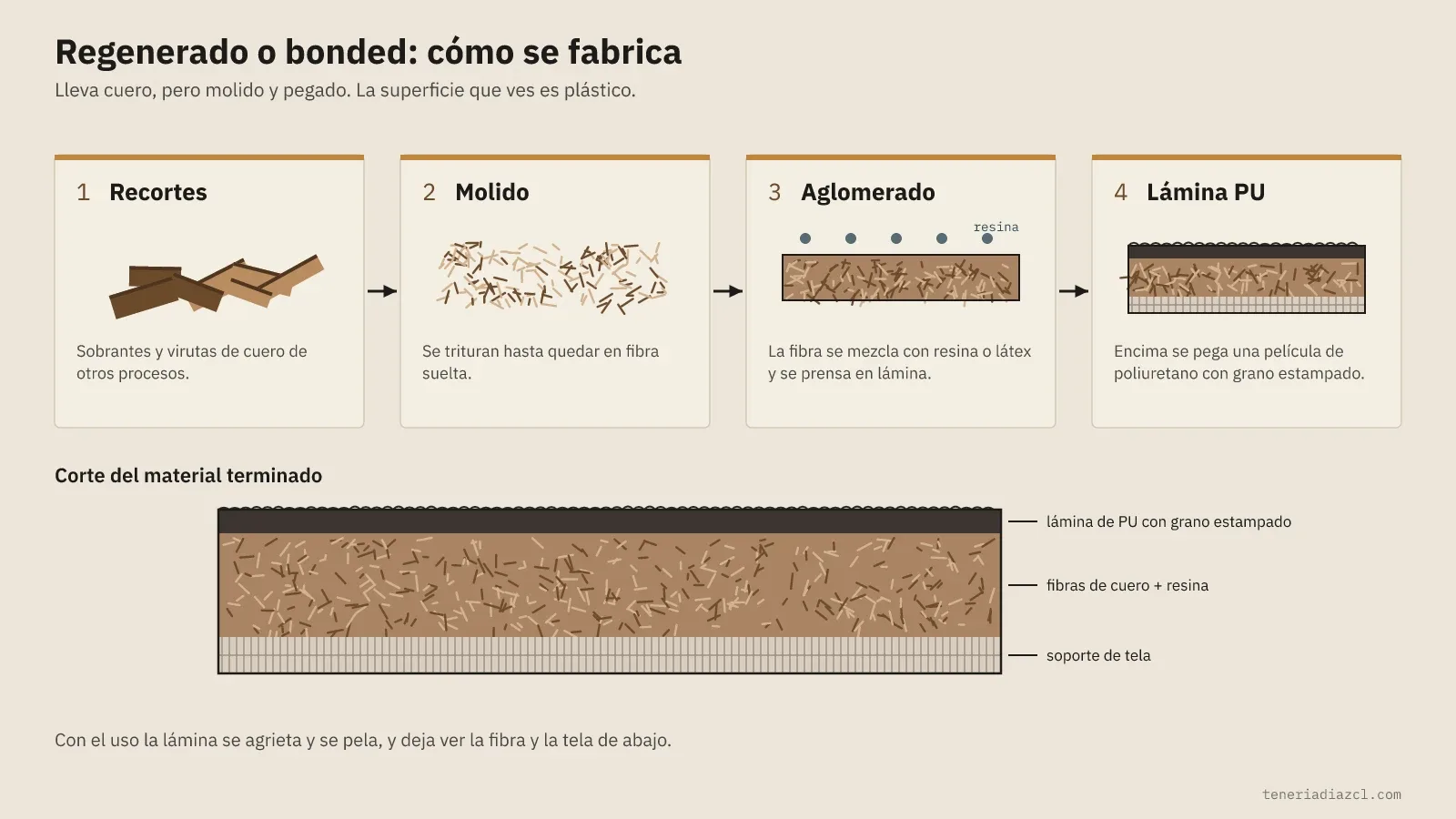 Diagrama de cómo se fabrica el cuero regenerado: recortes, molido en fibra, aglomerado con resina y lámina de PU, con el corte del material terminado mostrando lámina, fibras con resina y soporte de tela
